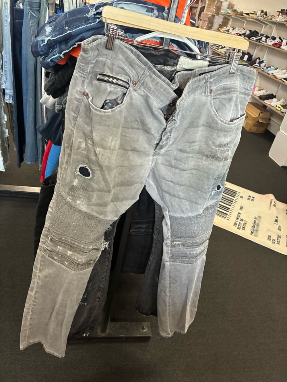 Men’s RockStar Distressed Moto Jeans Grey Black Pre Owned Used Sz 42